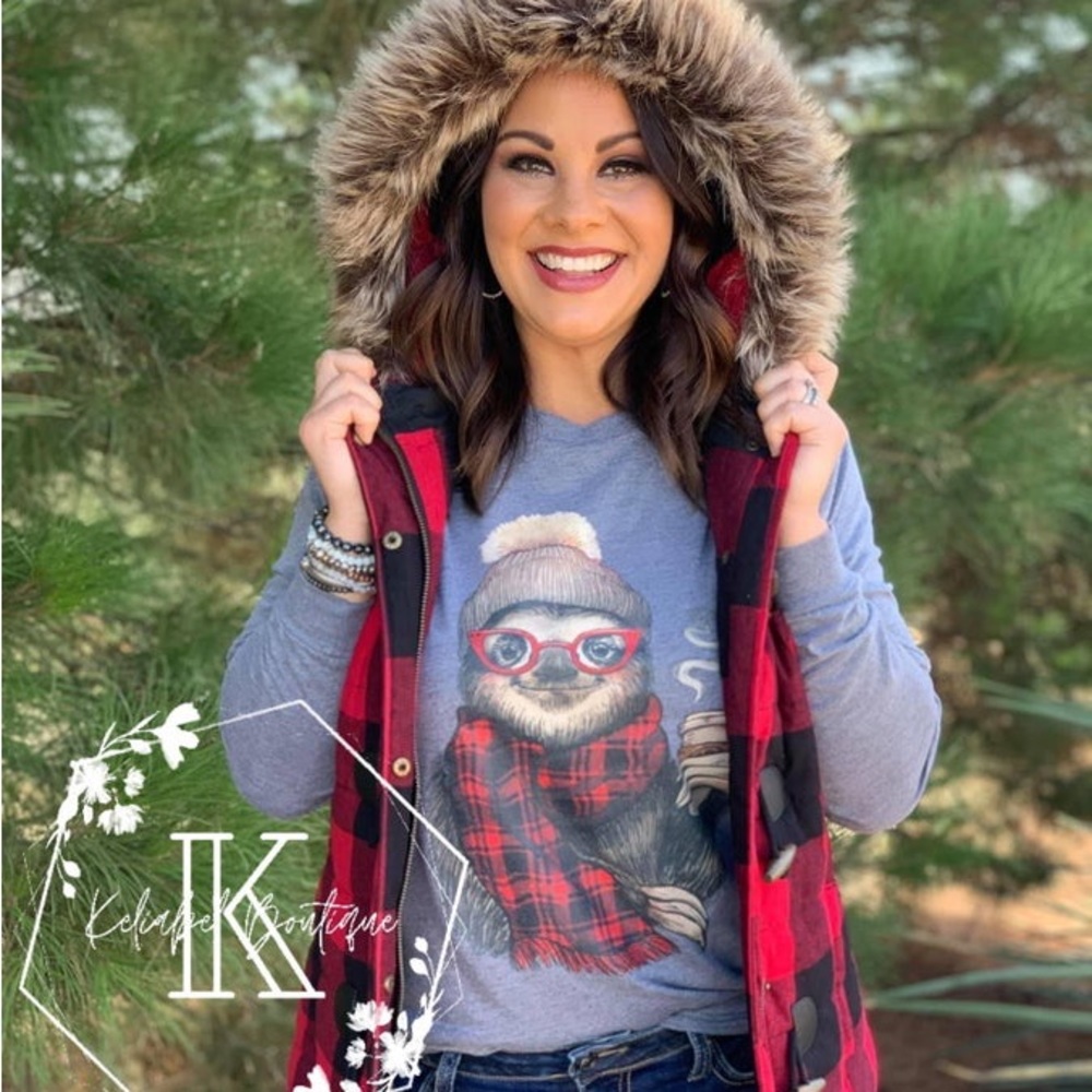 Sloth Long Sleeve Buffalo Plaid Tee, New!